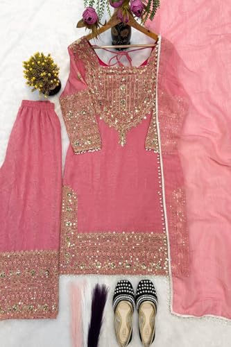 Image of PERFECT CHOICE WOMEN'S Heavy Natural Crep Silk Stitched Ethnic Salwar Kameez - Long Kurti with Embroidered Sleeves, Party & Festival Wear (SF251-ve115 Black1 XXL)