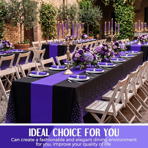Image of Breling 8 Pack Black and Purple Disposable Plastic Tablecloths and Satin Table Runner Set, 54 x 108 Inch Tablecloth, 12 x 108 Inch Table Runners for Wedding Graduation Birthday Baby Shower