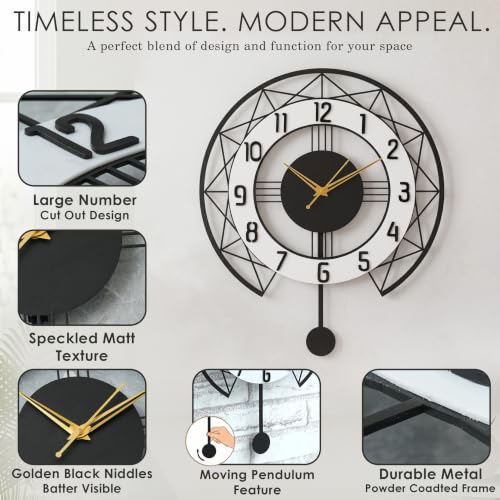 Image of Pendulum Wall Clock for Living Room Stylish | Metal Wall Watch for Office, Bedroom, Hall | Big Size Morden Wall Decor for Home (15 Inch Matt Black)