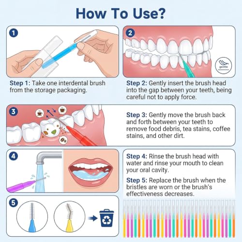 Image of 100 Pcs Interdental Brushes, 5 Sizes Braces Flossers for Cleaner Braces Brush Soft Dental Brushes Toothpicks Dental Floss Picks Dental for Braces Oral Cleaning(5 Colors)