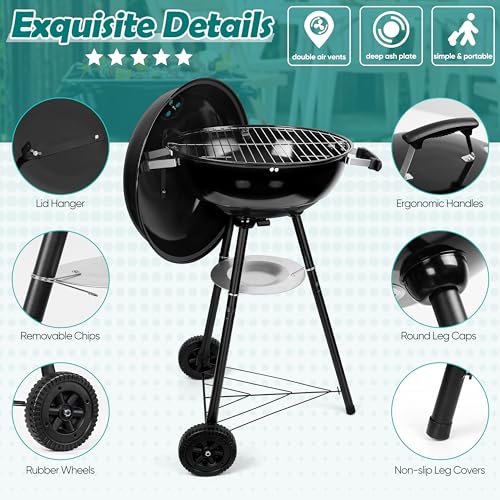 HaSteeL 18 Inch Charcoal Grill, Black Kettle Outdoor Barbecue Grill, 2-In-1 Portable BBQ Grill with Wheels for Camping/Backyard/Patio/Picnic, Porcelain-Enameled Lid & Fire Bowl, 254.SQ.IN Cooking Area - Image 4