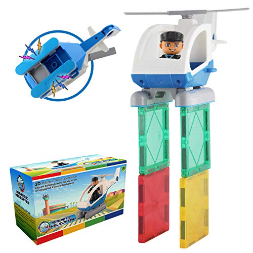 Pythagoras Magnets Flying Helicopter Toy Police Set with Magnets – Policeman Toys Add on Sets for Magnetic Blocks – Magnetic Tiles Expansion Kids Educational STEM Learning Toys for Boys and Girls