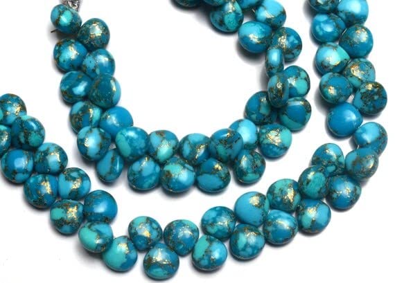LKBEADS 1 Strand Natural Mojave Blue Copper Turquoise 10MM Approx. Smooth Heart Shape Briolette Beads 6.5 Inch