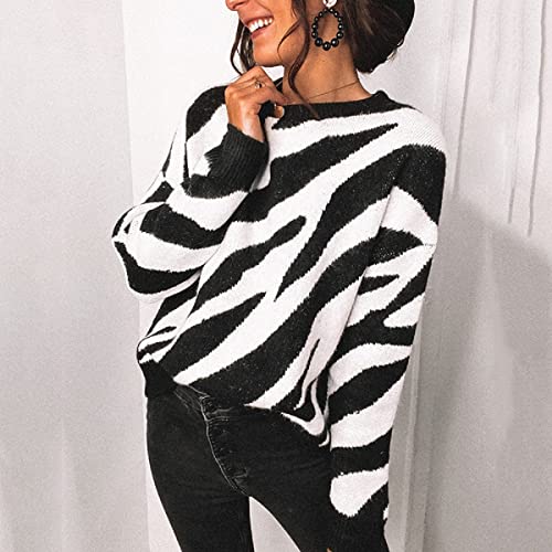 Coriresha Autumn/Winter Feminine Zebra Print Crew Neck Long Sleeve Knit Sweater #TOP3