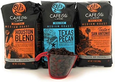 Cafe Ole Taste of Texas - Whole Bean Gift Assortment Bundle With Goodcook Coffee Measure - Houston Blend, Texas Pecan, Taste Of San Antonio (12 oz X 3 Bags)
