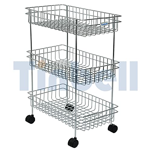 Tinbell Stainless Multipurpose Shelf/Rack and Wheel Trolley for Fruits/Vegetables and Cutlery Storage in Kitchen and Home (3 Shelf)