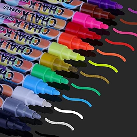 Liquid Chalk Markers - 12 Colors Washable & Wet Erase Neon Chalk Makers for Blackboard, Chalkboard Signs, Glass Window, Graduation Celebration School Office Supplies- Erasable Window Markers for Cars Cover