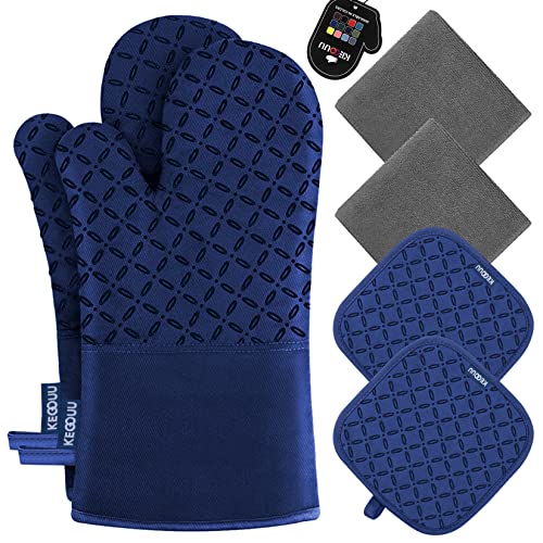 KEGOUU Oven Mitts and Pot Holders 6pcs Set, Kitchen Oven Glove High Heat Resistant 500 Degree Extra Long Oven Mitts and Potholder with Non-Slip Silicone Surface for Cooking(Marine Blue)