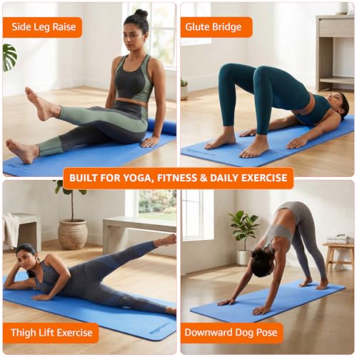 Image of Amazon Basics TPE Yoga Mat | 6 mm Thick | Non-Slip Grippy Surface | Lightweight & Durable Rubber-Like Material | Floor Protection | Ideal for Yoga, Pilates, Stretching & Fitness | 180 x 61 cm | Blue