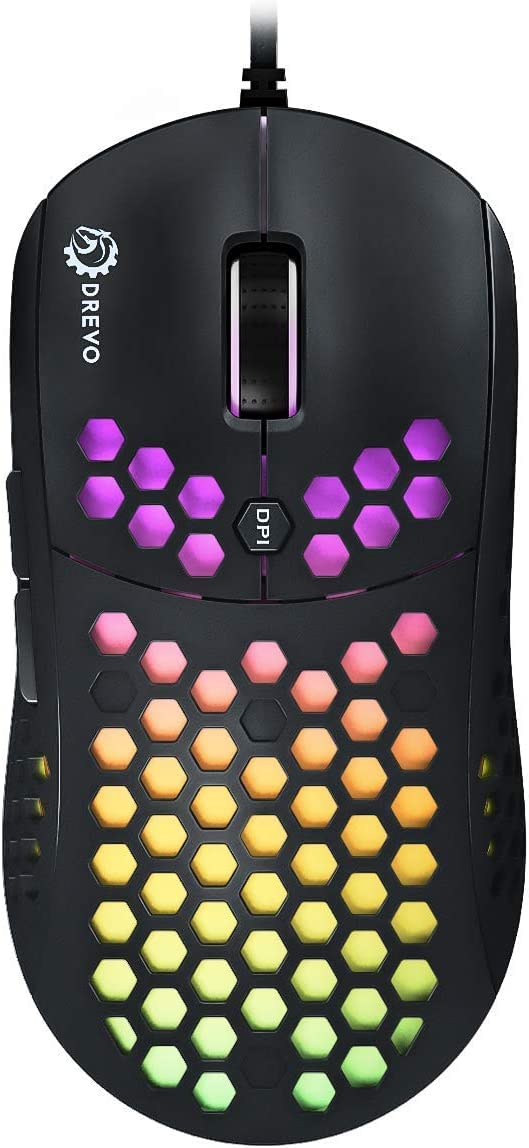 Falcon Full RGB Wired Lightweight 70g Gaming Mouse 16000DPI Optical Sensor PixArt 3389, 1000Hz Report Rate, 400IPS, Ultra-Soft Cable and Honeycomb Shell - Black