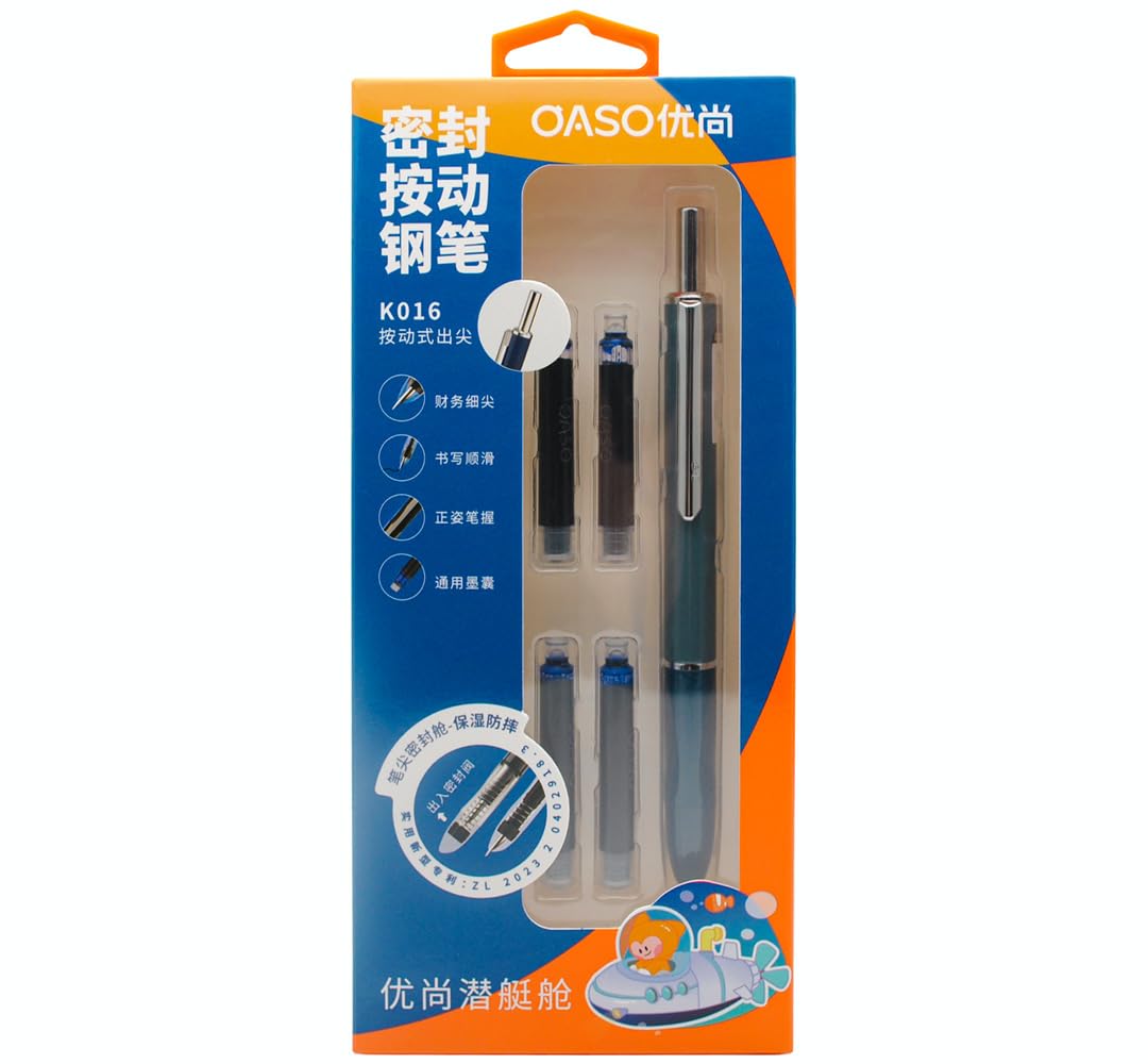 OASO K016 Retractable Fountain Pen Set 0.5mm with 4pcs Blue Ink Cartridges Smooth Writing for School Students (Deep Sea Blue)