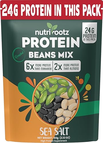 Image of Nutrirootz Roasted Protein Beans Mix | 24g Protein | Sea Salt Flavor | High Protein Super Snack | Mix Edamame Beans | Keto Friendly | Gluten Free | Rich in Fiber & Omega-3 | Healthy Crunchy Snack -60g