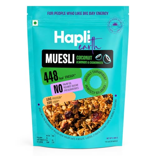 Image of Hapli Earth 6 Millet Muesli | Coconut, Almonds & Cashewnuts | 10g Protein, High Fibre | Healthy Breakfast Cereal with Rolled Oats, Coconut Chips & 4 Seeds | No Palm Oil, No Preservatives | 400g