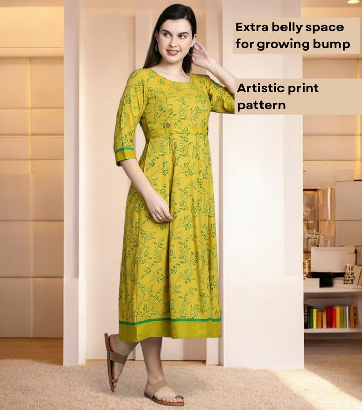 Image of DUMMY SHAPE Feeding Kurtis for Women Cotton Rayon | Green Printed Pregnancy Flare Kurta with Nursing Zippers to Pre & Post Partum | Maternity Dresses | Gifts for Pregnant Woman (D-M-P056-M)