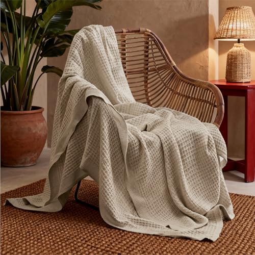 Image of Bedsure 100% Cotton Throw Blanket for Couch 50x70 inches - Cooling Breathable and Soft for Summer, Waffle Weave Throw Blanket for Office, Taupe