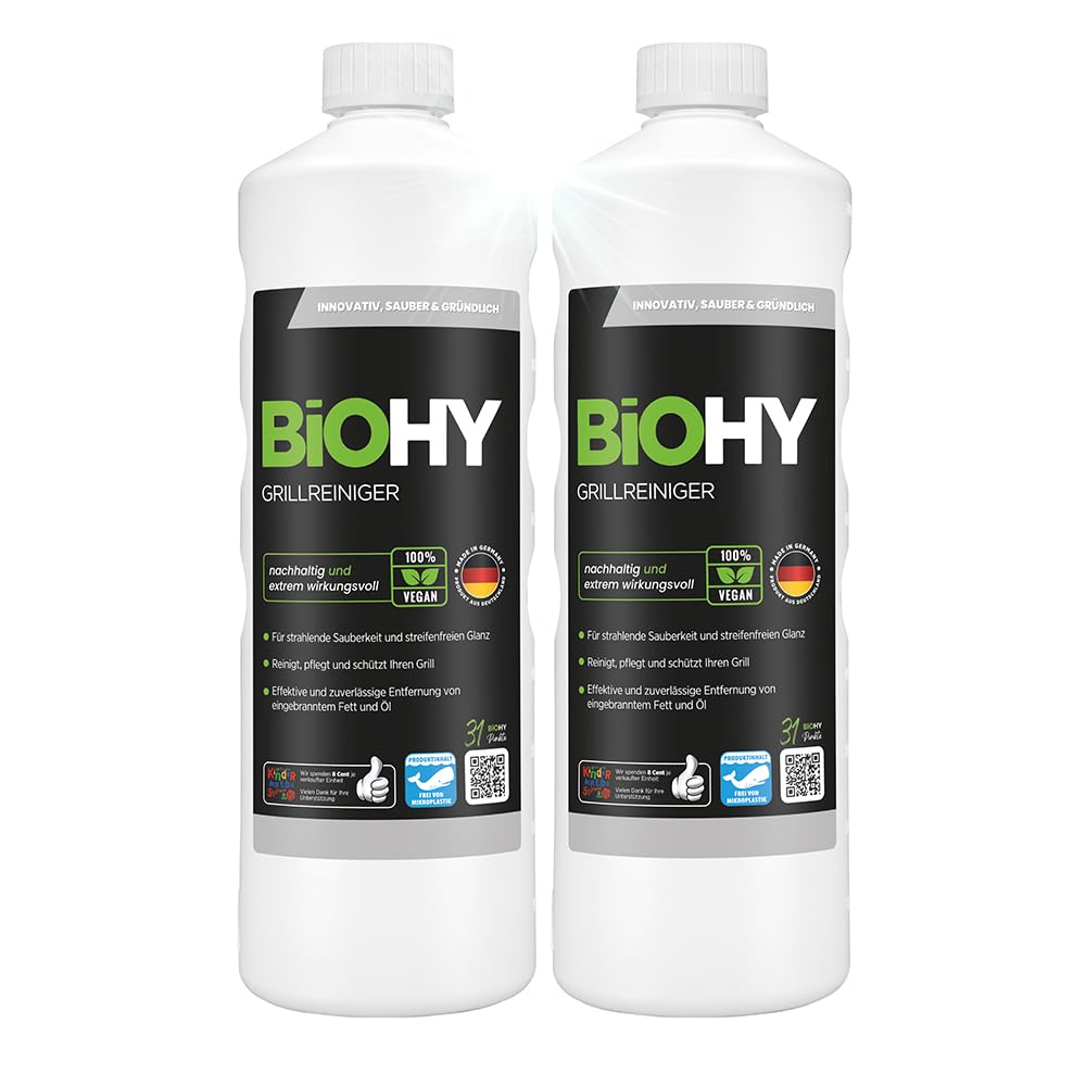 BiOHY Pulitore per griglie (2 bottiglie da 1l) | etergente per barbecue a carbone, a gas ed elettrici, schiuma attiva contro grassi e oli bruciati (Grillreiniger)