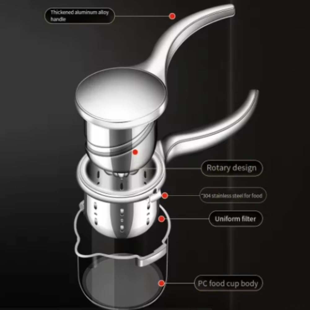Manueller Edelstahl Entsafter mit 304 Sieb und Drehpresse für Zitronen Obst Gemüse Kartoffelpüree ergonomischer für griff aus Aluminiumlegierung spülmaschinenfest silber 26x9x10,3 cm Küchenhelfer