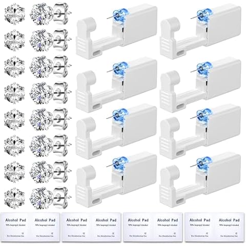 Nunpag 24 Pcs Ear Piercing Kit Disposable Ear Piercing Gun Kit Includes 8 Pcs Self Piercing Gun 8 Pcs Cubic Zirconia Earrings Stud 8 Pcs Alcohol Pads Easy-to-Use at Home Ear Piercer Kit Tool, Silver Cover