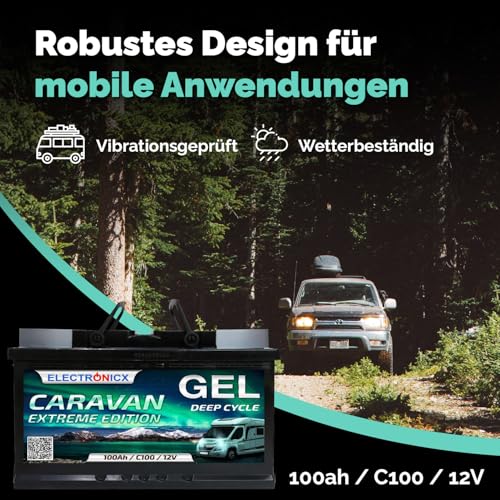 Electronicx CARAVAN EXTREME EDITION 100Ah / C100 / 12V GEL Versorgungsbatterie – 100 Ah – 12 Volt Batterie Wohnmobil, Van, Boot, Marine, Photovoltaik – wartungsfrei& robust- 278×175×190 mm
