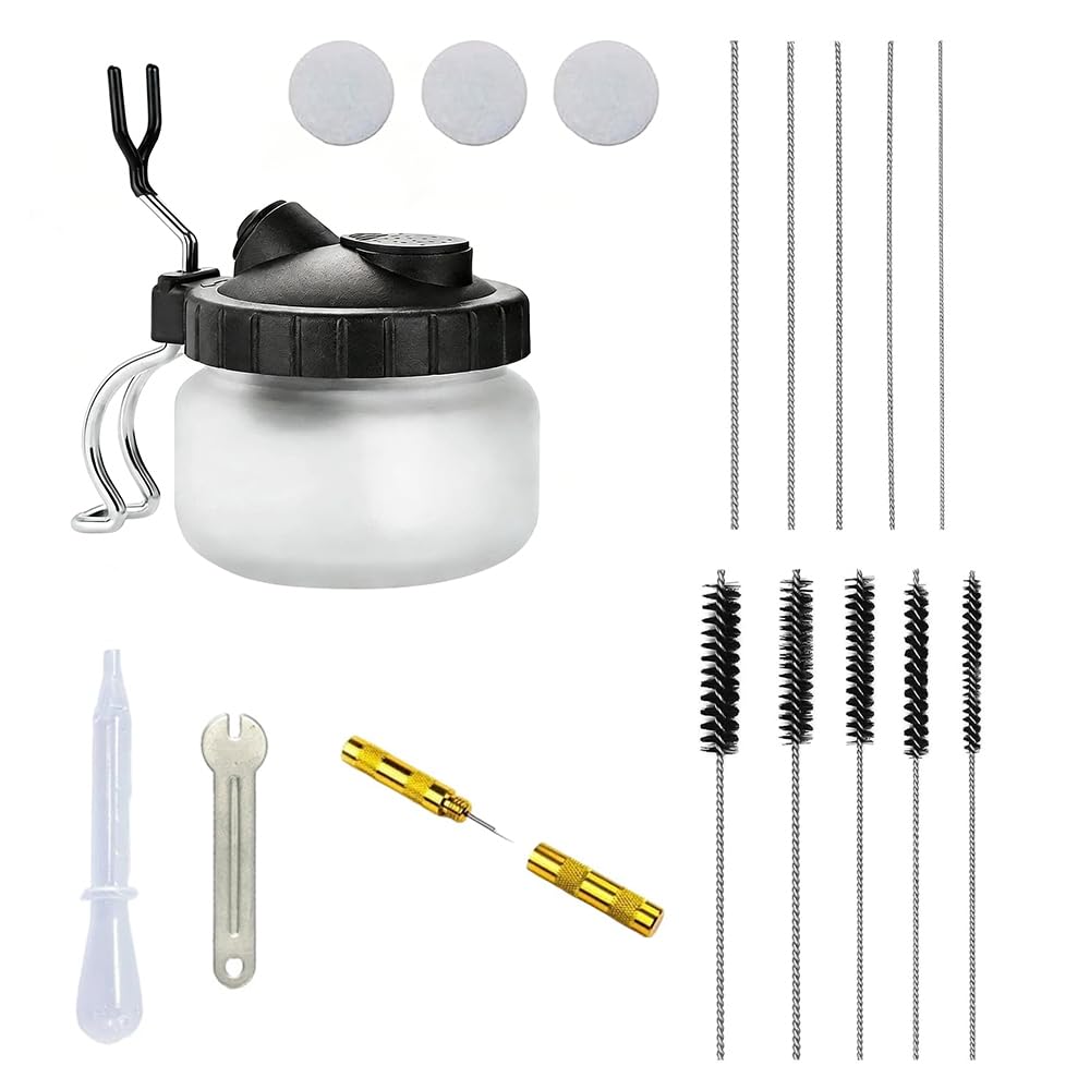 6Pcs Airbrush Cleaning & Maintenance Tool Set, Includes Cleaning Pot, Nylon Brushes, Stainless Steel Needles, Nozzle Tool, Dropper & Wrench for Airbrush Equipment