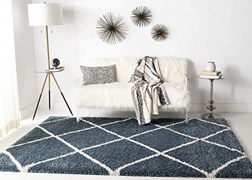 Image of Trellis Design Microfiber Hand Woven Shaggy Carpet Collection with 2 inch Pile Height Carpet for Living Room Size 5x5 feet Round coular Teal /Ivory