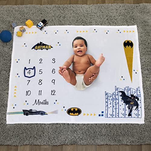 Image of Warner Brothers Batman White and Black Batmobile, Gotham City, and Bat Signal Milestone Baby Blanket