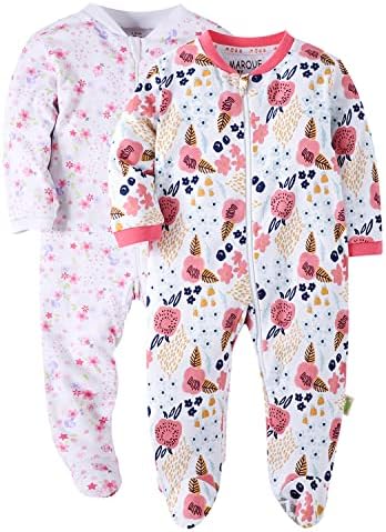 Marquebaby Pink Flowers Baby Girl Footed Onesie - Zip Front Rompers 18 Months