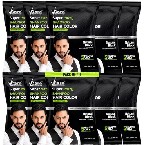VCare Super Eazzy Hair Colour Shampoo for Women and Men 20ml | Only 5 Minute Root Hair Dye Coloring Kit Head, Moustache, Beard, Hands, Chest | No Ammonia (Pack of 10, Black)
