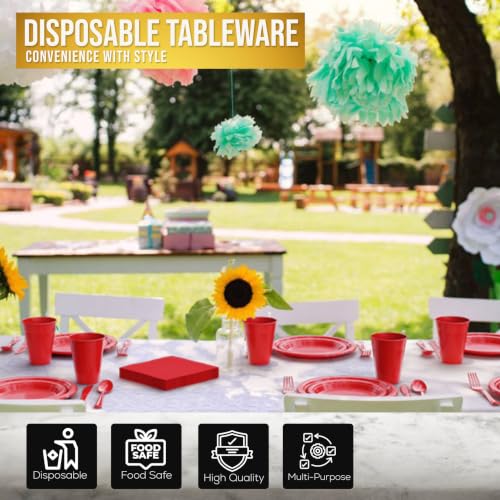Image of Exquisite 350 Pcs Red Plates and Napkins Party Supplies Plate Sets | Sturdy Plastic Dinnerware Set With 9 inch & 7 inch Plates, 12 Oz Cups, Lunch Napkins and Cutlery Serves 50 for Birthdays & Everyday