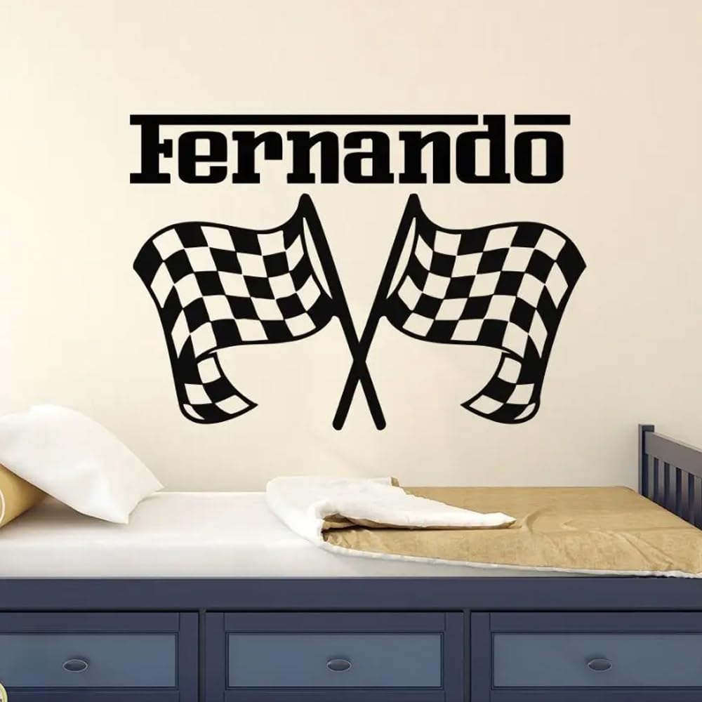 Yjpp One Color Personalised Name Stickers, Name Wall Stickers, Nursery Decor Personalized Name Wall Sticker, Car Racing Wall Decal, Race Flags Wall Art Mural Removable, Custom Name Decals, Bedroom Wall Stickers(57X4