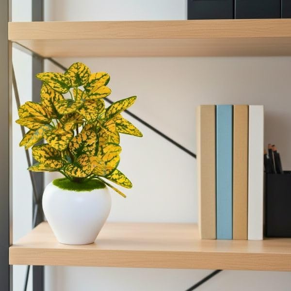 Image of fancymart Artificial Plant Leaves in Apple Pot (30 cm Height) | Small Potted Plant for Office Desk | Home Decor for Living Room | Cafe & Restaurant Table Decoration