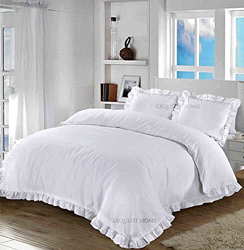 Image of EXQUIZIT HOME® Duvet Cover & Pillowcase Set – Easy Care Polycotton Ruffle Frill Santiago Bedding | Soft Breathable Quilt Cover | Luxury Bedroom Decor (White Super King 260×220cm)