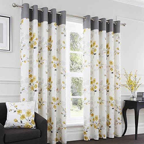 Fusion Paige Watercolour Floral 100% Cotton Eyelet Lined Curtains, Ochre, 66 x 72 Inch