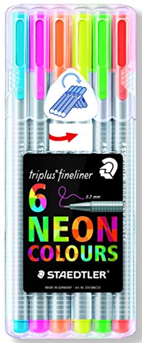 Staedtler Fineliner Drawing Pens .3mm 6 Count Triplus Fine Line, 6-Pack, Assorted Neon