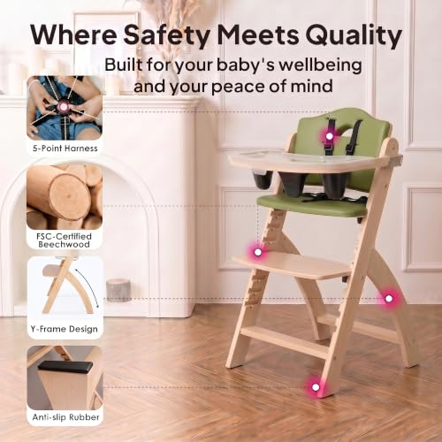 Image of Abiie Beyond Junior Wooden High Chair for Babies and Toddlers - Convertible 3-in-1 Baby Highchair with Removable Tray - 6 Months to 250 Lb - Water Resistant - Natural Wood /Olive Cushion
