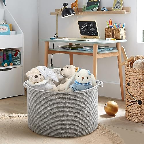 Image of MEGASKET Extra Large Grey Storage Basket, 22 inch X 22 inch X 14 inch XXXL Blanket Basket for Living Room, Gray Wicker Woven Cotton Rope Baskets for Storage, Kids Toy Baskets Bins, Decorative Pillow Towel Basket