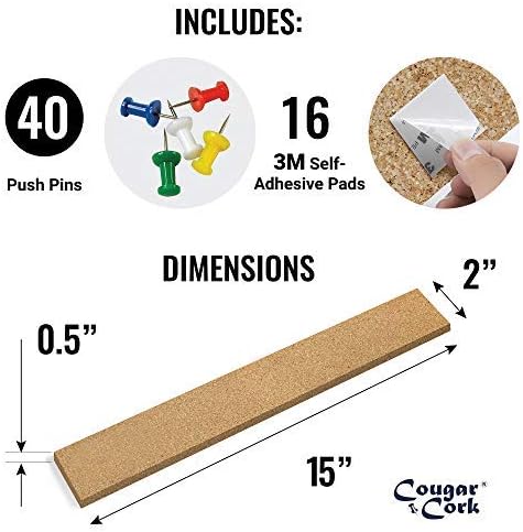 Cougar Cork Wall Strip Tiles - 4 Pack Plus Push Pins & Adhesive Squares Included | Rectangle 2" x 15" | Extra 1/2" Thick Cork Boards with Ultra Strong Self Adhesive Squares | Premium Natural Cork