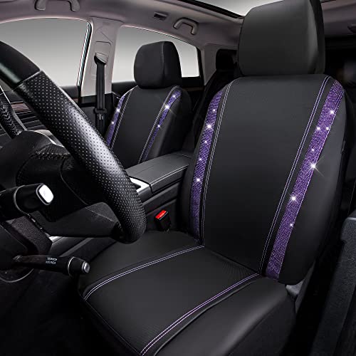 Image of CAR PASS Leather Diamond Bling Car Seat Cover 2 Front Interior Sets, Waterproof Universal Shining Glitter Crystal Sparkle Fit for 95% Automotive Truck SUV Cute Women Girl, Black Purple Rhinestone