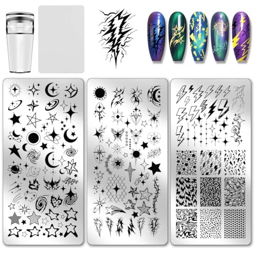 PH PandaHall 3pcs Moon Star Nail Stamping Plates Lightning Patterns Nails Art Stencils Planet Nail Art Templates Galaxy Night Sky Manicures Stamper Plate for Women Manicures Salon Design Supplies