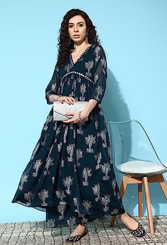 Image of LYMI LABEL Kurta Palazzo Set For Women - Poly Georgette Foil Printed Regular Fit A-Line Kurta Palazzo Set For Women