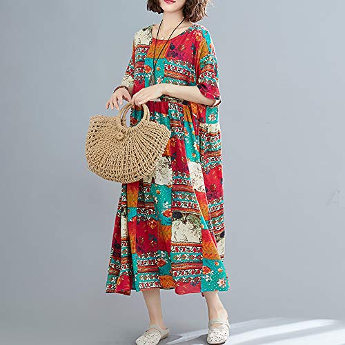 Loijon Mulheres Plus Size Vestido de Linho de Algodão Bloco de Cor Com Decote Em V Longo Maxi Plissa