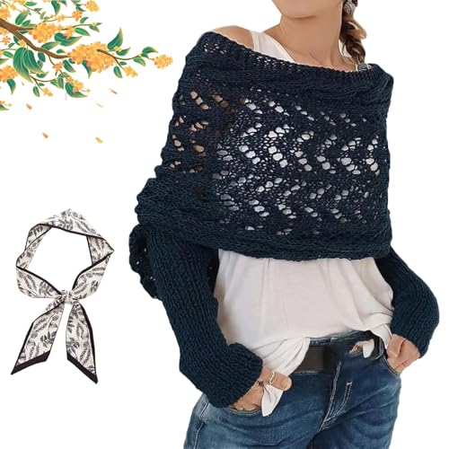 Gienslru Schal mit ärmeln Damen Gestrickter Wickel Schal Gestrickter Zopfmuster-Umhang Sweater Wrap mit Ärmeln Knitted Cable Wrap Schals & Tücher für Damen (Marineblau)