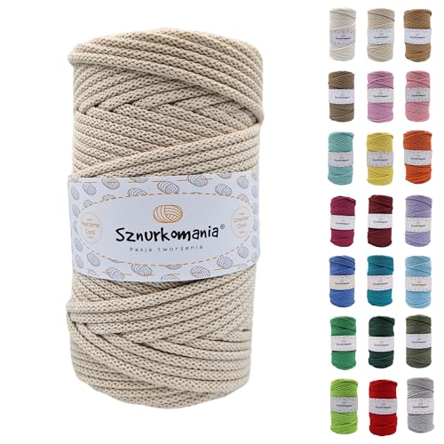 Sznurkomania, Cordoncino di cotone intrecciato 5 mm 100 m, 46 colori, corda macramè, filato macramè, filato di alta qualità, corda macramè (beige chiaro)
