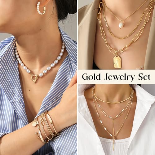 Image of 105 Pcs Gold Jewelry Set for Women Costume Jewelry Multi Layer Necklace Stackable Bangle Link Bracelet Stud Hoop Earrings Knuckle Rings Hair Tie Headband Set Jewelry Pack for Women