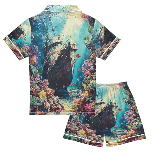 ALAZA Ship Seabed Coral Reef Satin Pajamas Set Short Sleeve Button Down Sleepwear Summer Pjs 2 Piece2