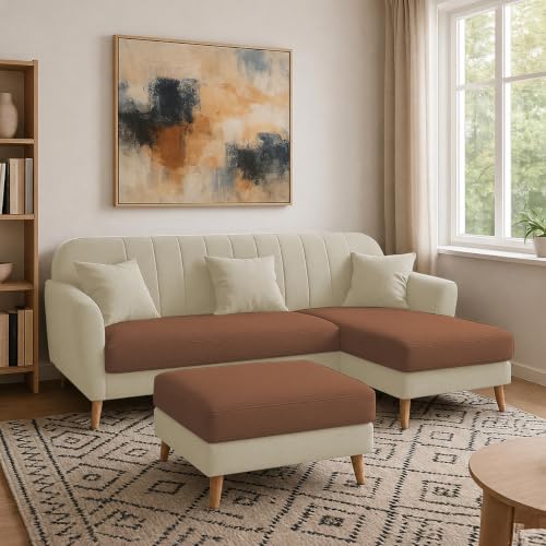 Image of Atticus RHS 4 Seater L Shape Sofa Set with Ottoman for Living Room (Cream Brown Fabric) Premium Fabric Sofa Set