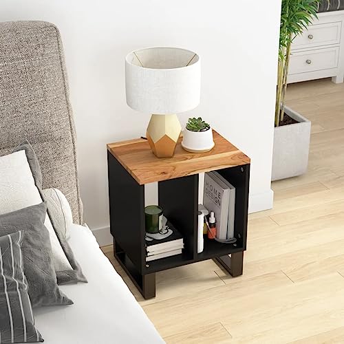 QZZCED Industrial Side Table with Storage, Solid Mango Wood Top and Black Frame for Living Room Bedroom Hallway Brown, 12.2 x 15.7 x 18.1 in