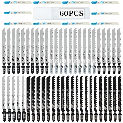 WUSBOO Lot de 60 Lames de scie sauteuse, 10 modèles, Fabriquées en HCS, Livré avec boîte en plastique, Lame de scie Idéal pour le bois, le plastique et le métal