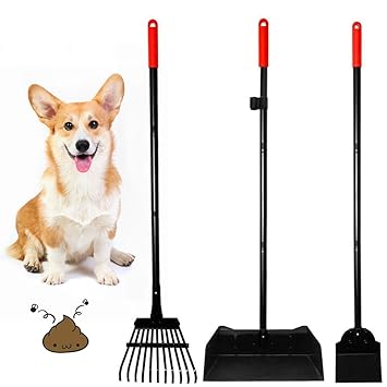 EXPAWLORER Dog Poop Rake and Scoop - 3 Pack Upgraded Metal Pooper Scooper for Dogs, Pet Waste Removal with Adjustable Handle, Red & Black