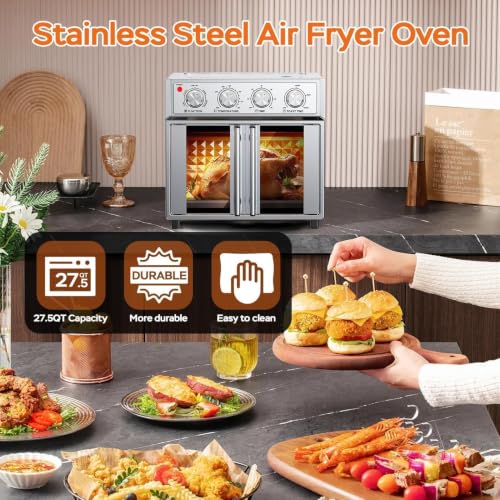 Image of PlumChef 27.5 Quart Extra Large 6 Slices Air Fryer Convection Toaster Oven, French Door, 1700W, Multifunction Oven for Air Fryer, Toast, Grill, Defrost, Bake (Stainless Steel)